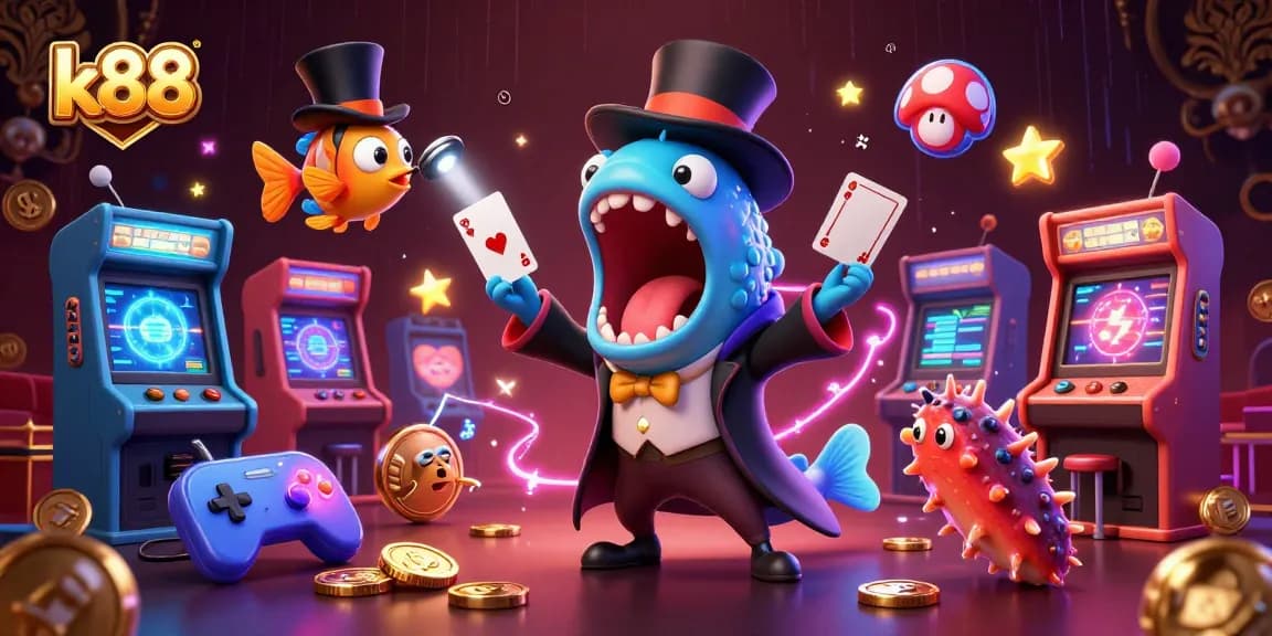 Join the k88 casino adventure with unique deep-sea characters performing thrilling card tricks!