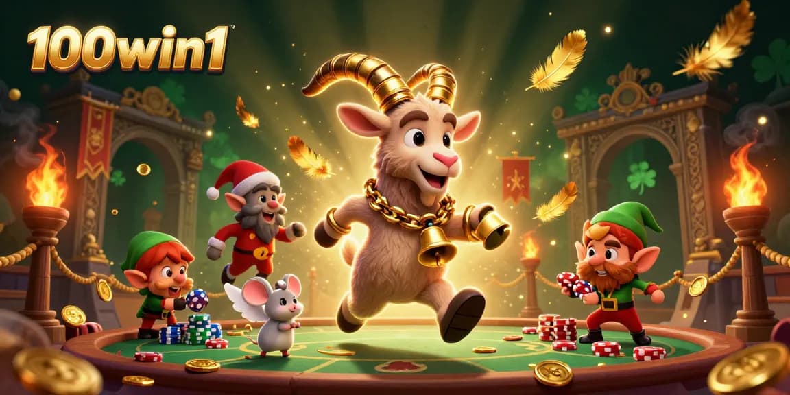 Join the festive chaos at 100win1's casino with vibrant characters in a playful gamble.