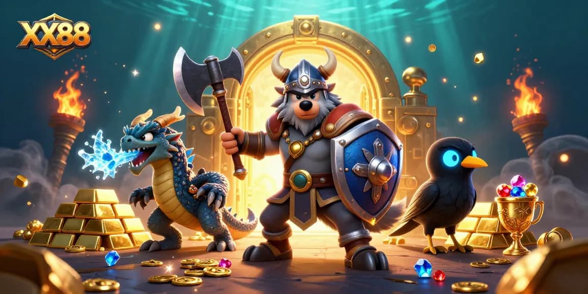 Experience thrilling gameplay with XX88 as a Viking wolf warrior boldly confronts treasure in a vibrant fantasy setting.