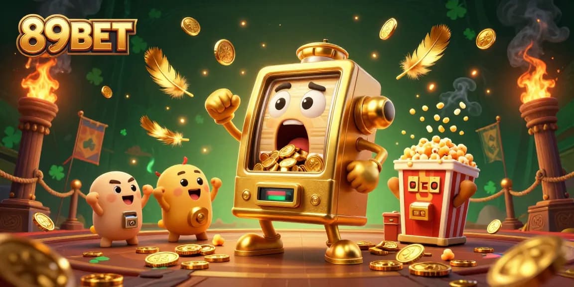 Experience excitement with 89BET as the golden slot machine hits a jackpot surrounded by cheering machines.