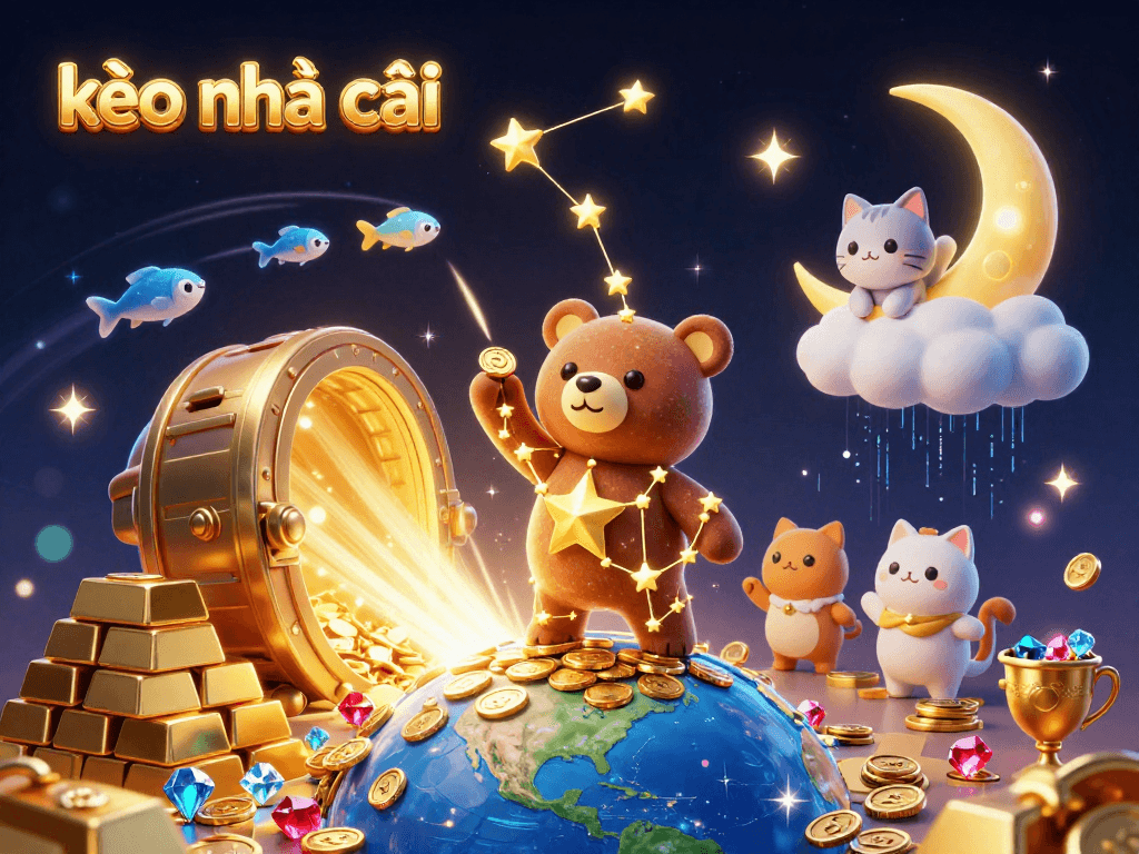 kèo nhà cái shines in a vibrant illustration showcasing casino treasures and enchanting characters overflowing with luck
