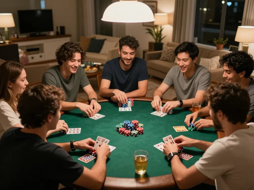 Friends enjoying a poker game at home, representing the engaging experience of bl555 online gaming.