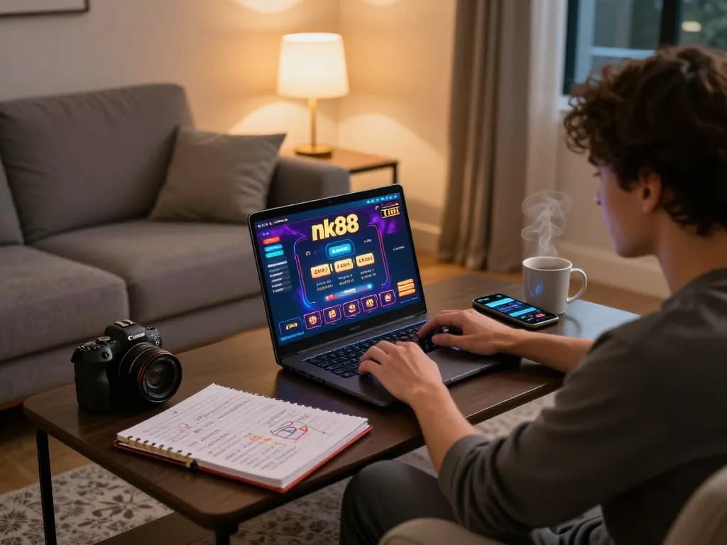 Engage in responsible nk88 online gaming from a cozy setup, with strategic notes and a betting app visible.