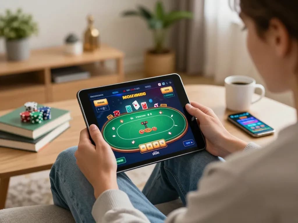 Engaging scene of VIPWIN online gaming with a person using a tablet to play poker at home, showcasing strategic gameplay.