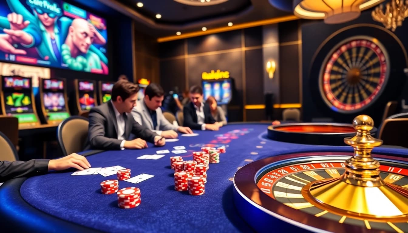 Playing poker and spinning roulette at https://nk88net.com/ with vibrant casino ambiance.