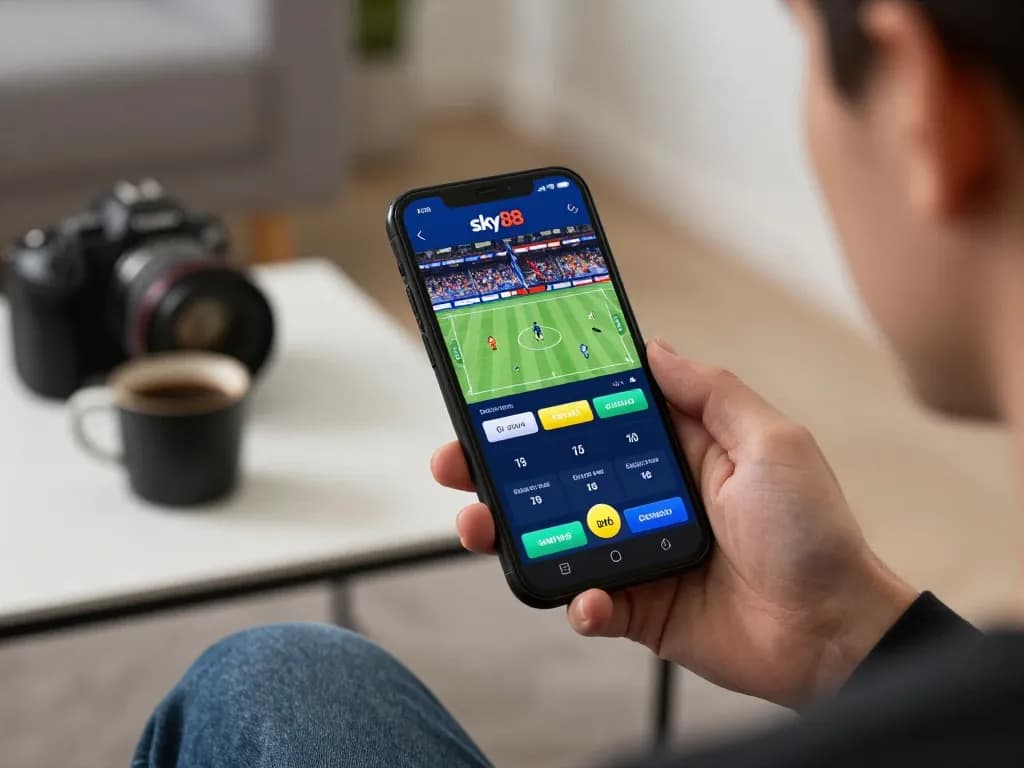 Expertly placing bets using the Link truy cập Sky88 app on a smartphone in a relaxed home setting