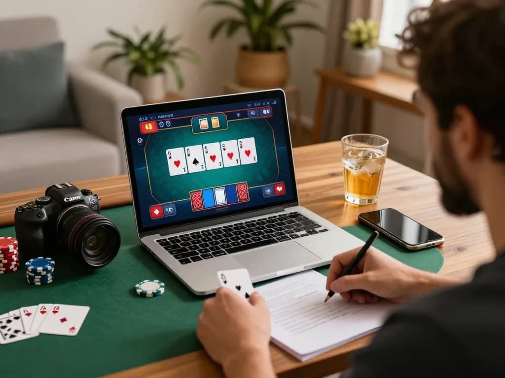 MM88 player strategizing poker moves while gaming online from a cozy home set-up.