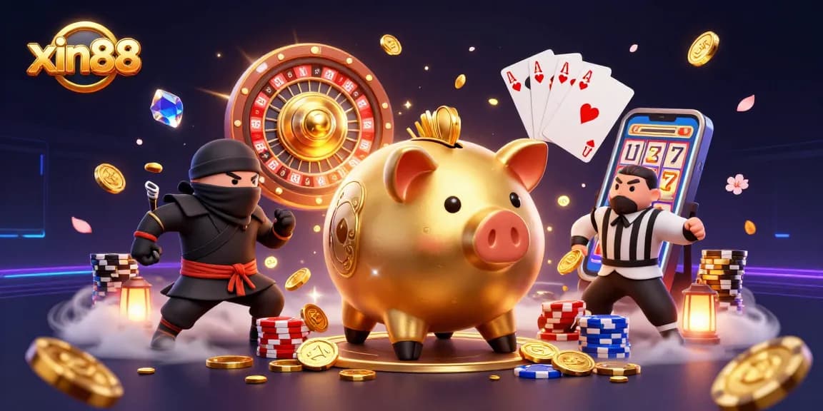 Experience the excitement of xin88 with a sumo wrestler, wallet-ninja, and credit-card samurai in a vibrant online casino.