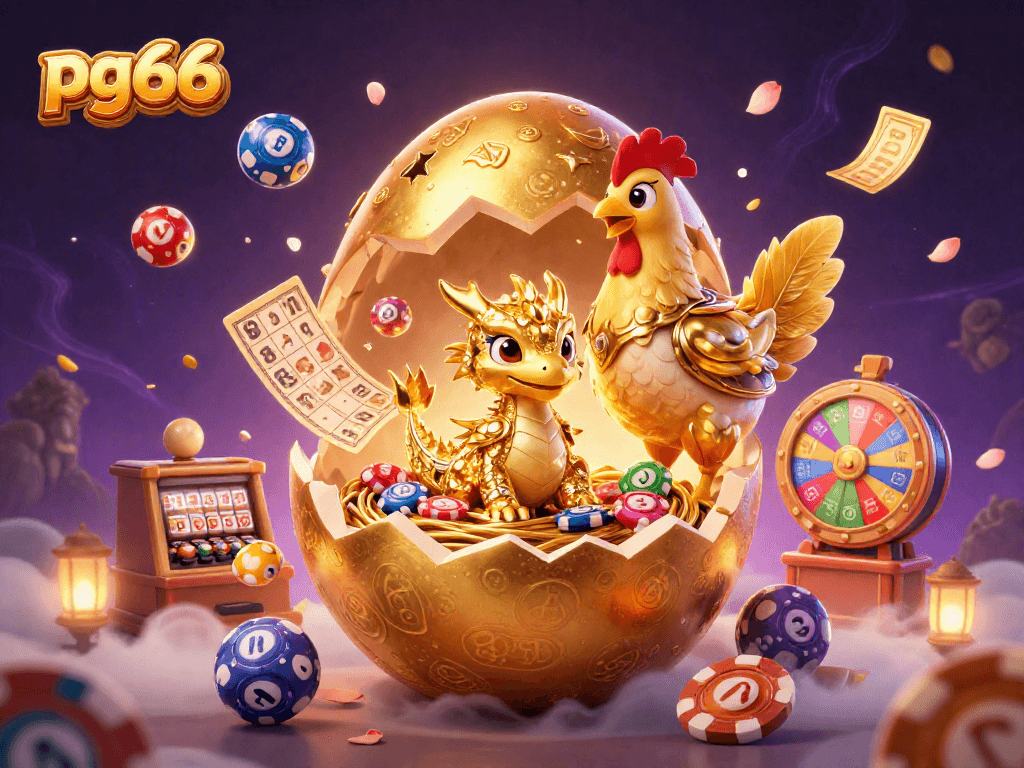 Experience the thrill of pg66 with a vibrant 3D illustration of a golden dragon guarding poker chips amidst lottery excitement.