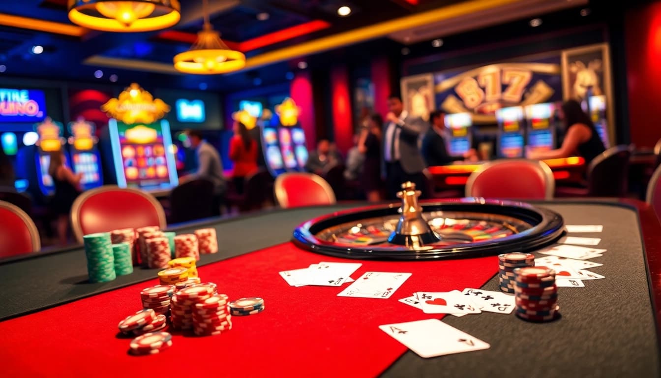 A dynamic casino gaming table scene from 98win com featuring elegant cards and poker chips.
