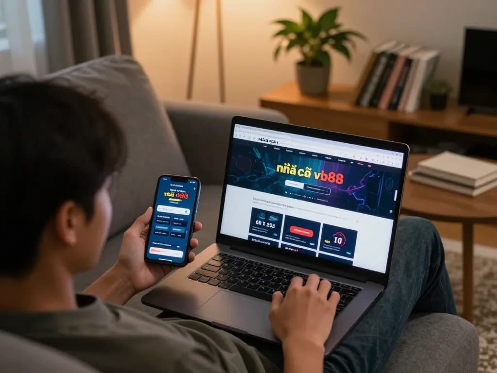 Engaging with nhà cái vb88 online casino on a laptop in a cozy living room