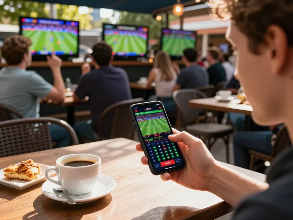 Placing bets on 1GOM sports interface while enjoying a lively café atmosphere.