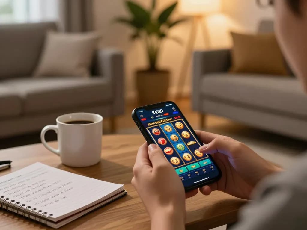 Player enjoying the KKBD Casino app on smartphone featuring vibrant slot game.