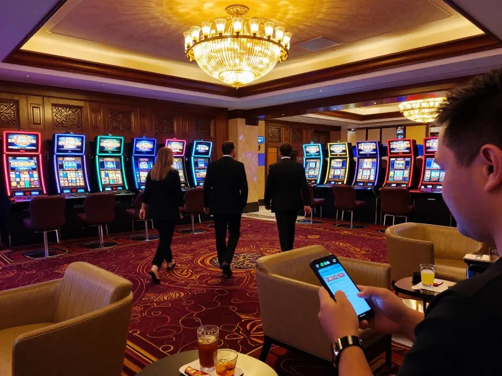 KUBET mobile gaming displayed on smartphone amidst vibrant casino atmosphere.
