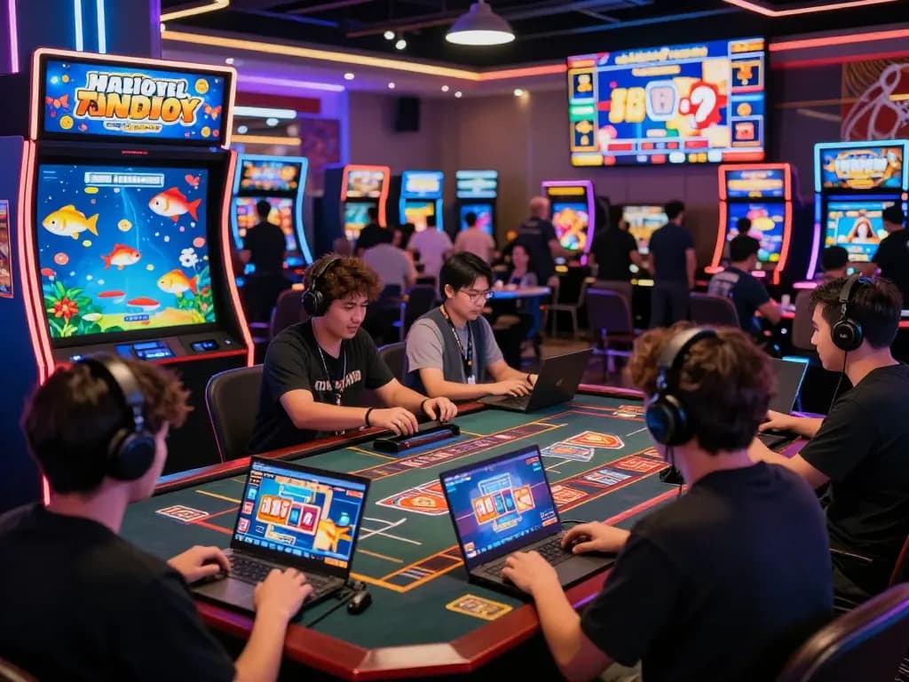 Engaged players enjoying diverse games at zx88.com, featuring a vibrant casino atmosphere with 3D graphics and digital displays.