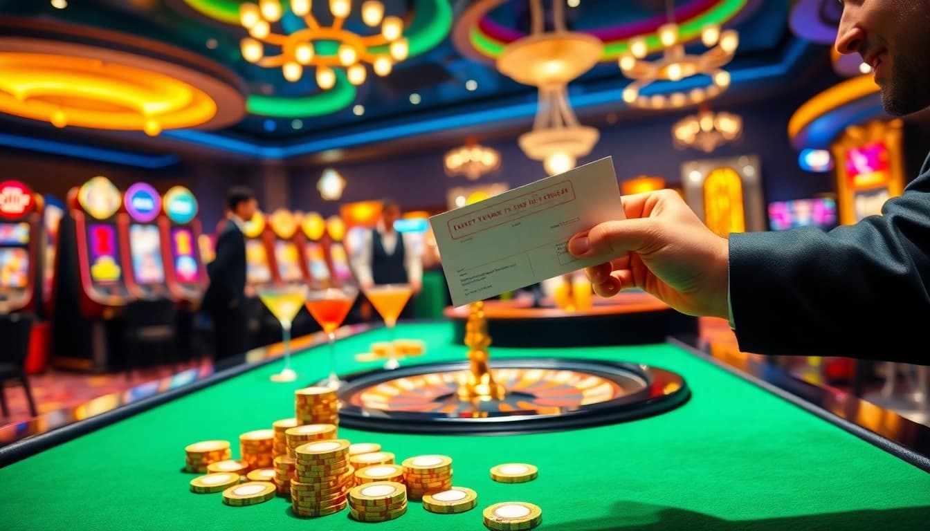 Excited gambler celebrating a win at 77BALL casino table with poker chips and betting slips.