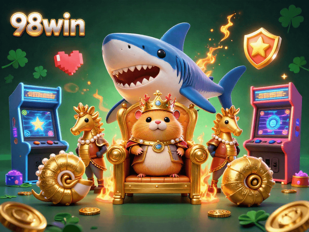 Experience the thrilling 98win adventure with a golden hamster king ruling his colorful gaming kingdom.