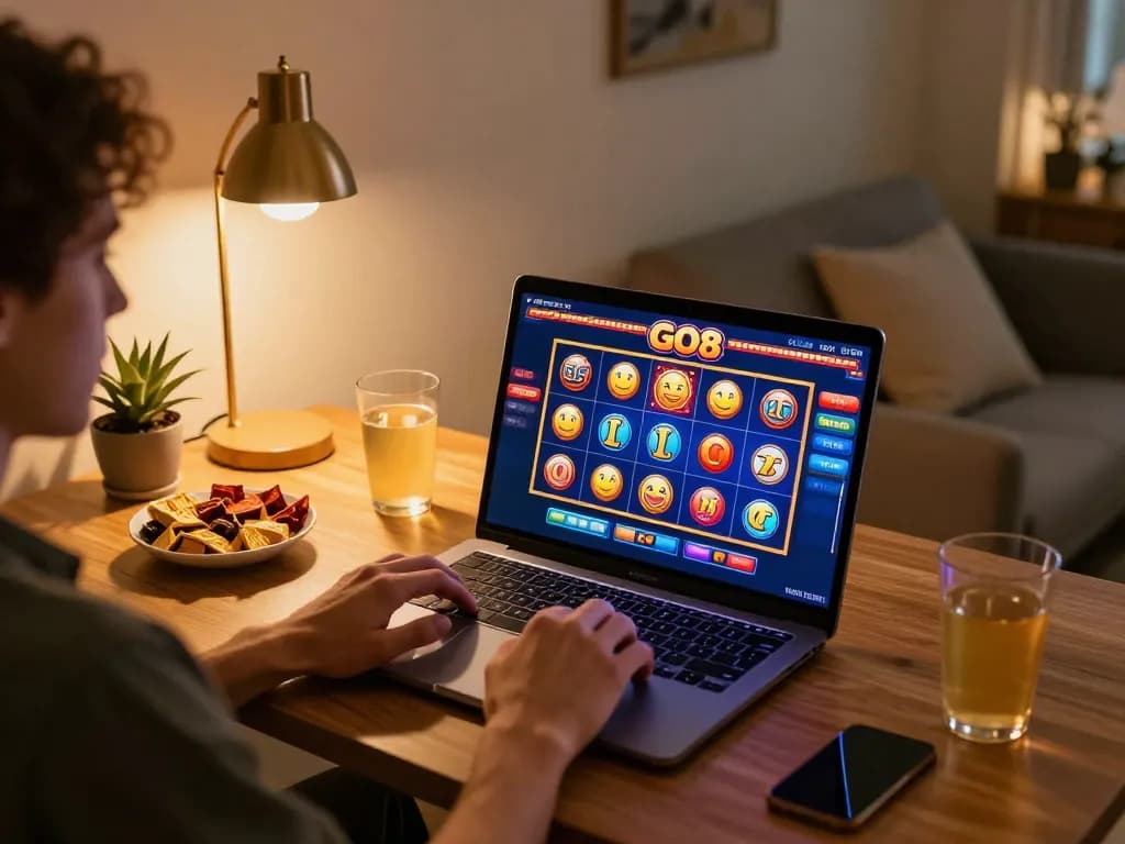 Player enjoying online slots on GO8 platform in a cozy home setting with snacks and drinks.