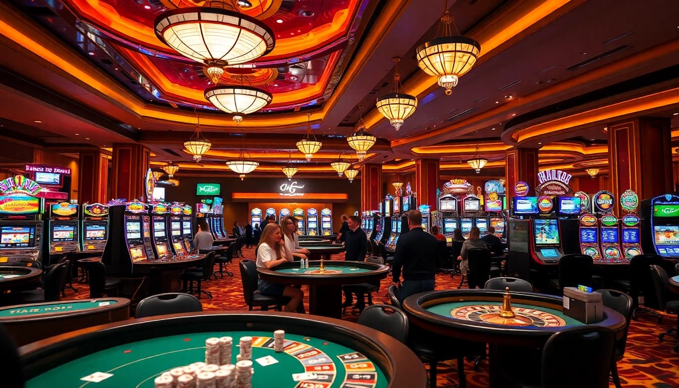 Exciting gaming action at F 168 casino with roulette tables and slots.
