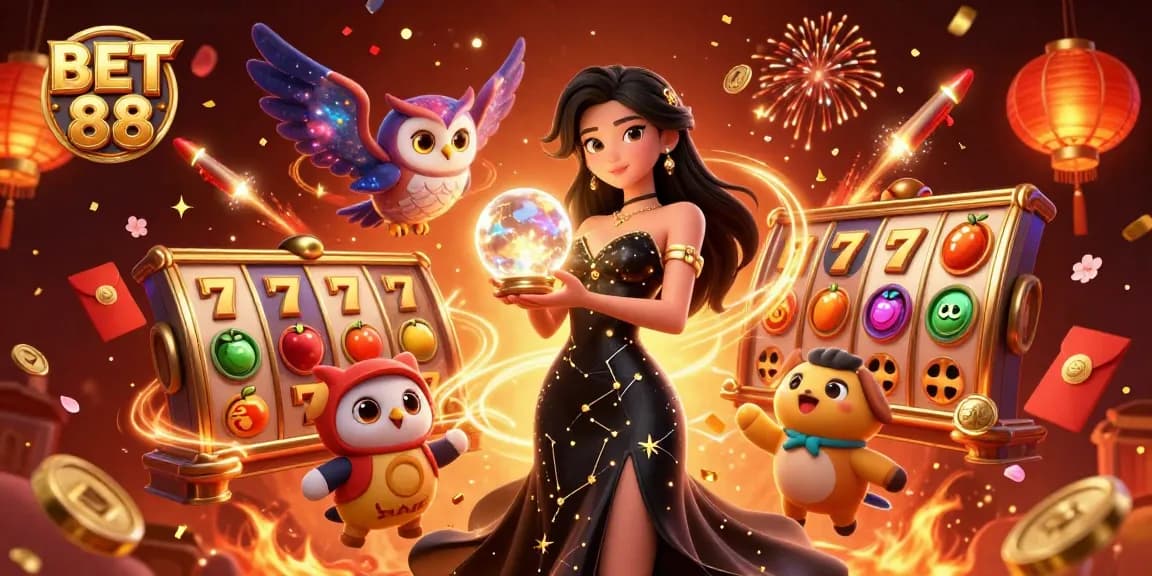 Spin the reels at BET 88 with vibrant casino elements and an enchanting scene.