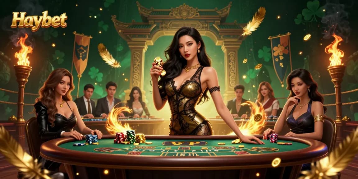 Experience high-stakes gambling at Haybet with glamorous players and golden casino tokens.