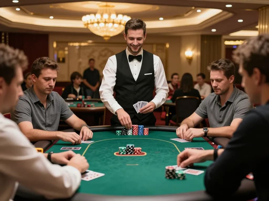 Engaged players at a poker table in an upscale casino setting, highlighting the strategic atmosphere of nk88 com.