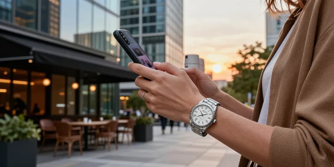 Replica watches showcased on a fashionable wrist against a vibrant urban backdrop, highlighting luxury and style.