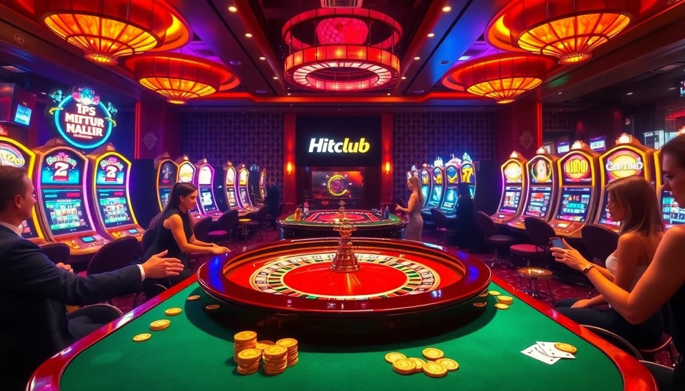 Players enjoying a luxurious gaming experience at Hitclub's vibrant casino, featuring roulette, poker, and slots.
