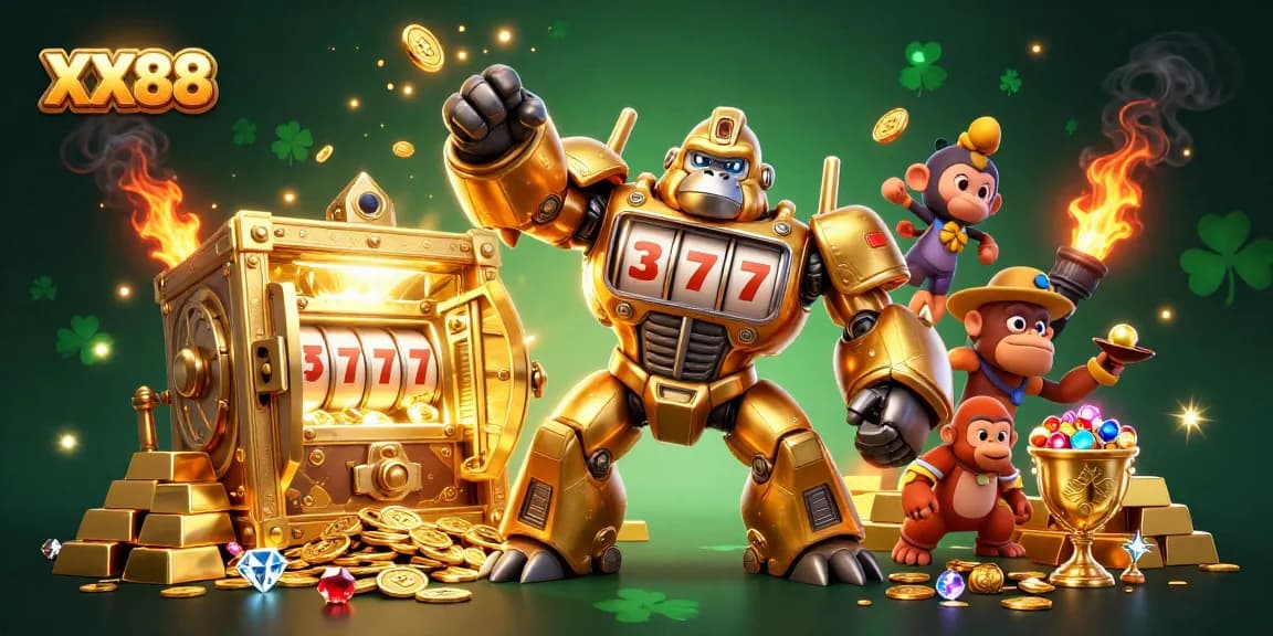 Experience the thrilling XX88 slots action with a golden gorilla mech battling for jackpots in a treasure-filled scene.
