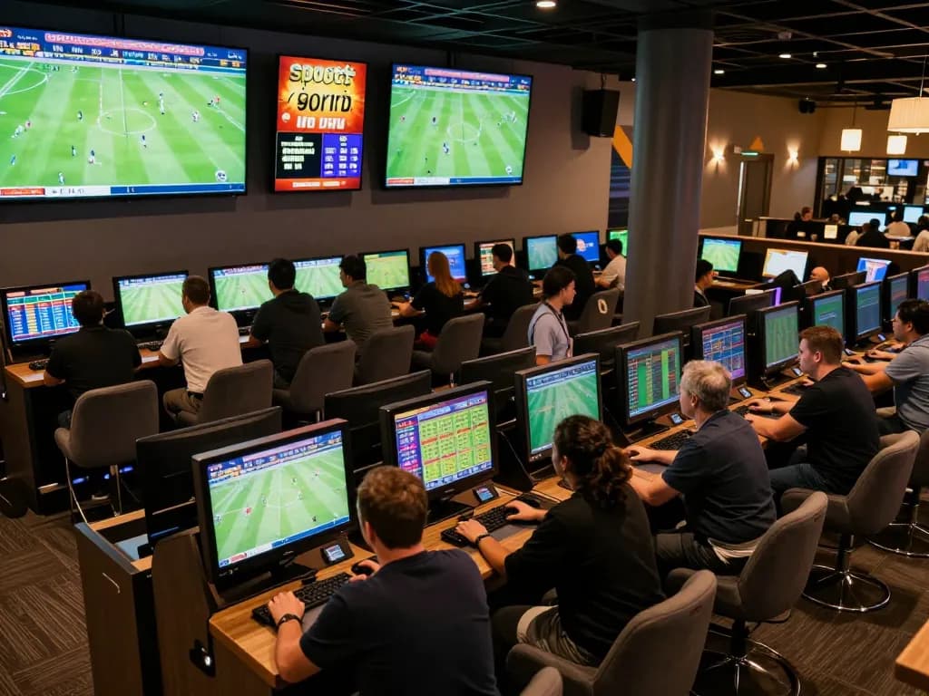 Engaged bettors reviewing ty le keo nha cai 5 in a vibrant sports betting lounge, filled with excitement.