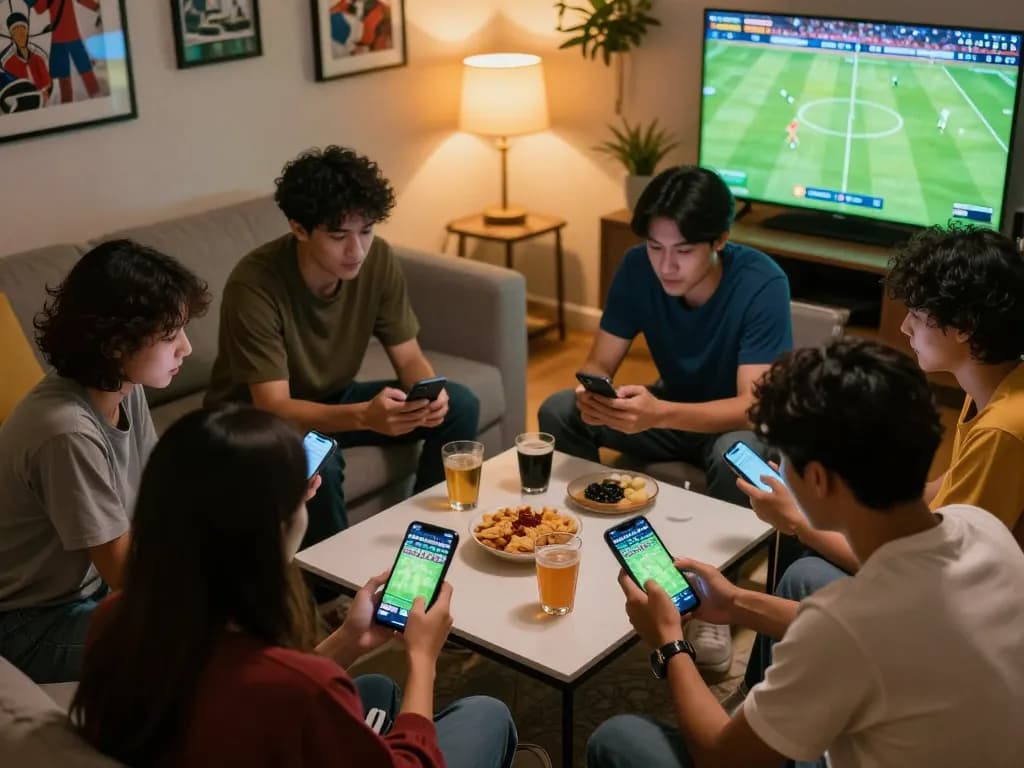 Friends engaging in exciting kèo nhà cái betting while watching a soccer match in a cozy living room.