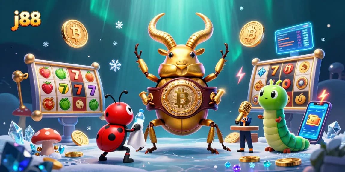 Engage with the vibrant j88 casino scene featuring a golden stag beetle as the champion in a thrilling slot game.