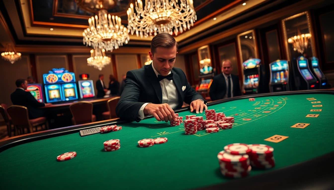 Place an 8k bet at a luxurious casino table surrounded by vibrant poker chips and a roulette wheel.