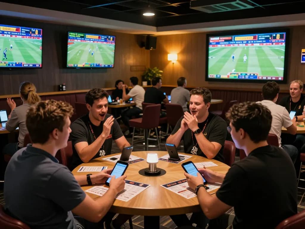 Excited bettors engaging with 888top com at a bustling sports betting lounge, showcasing live match odds.