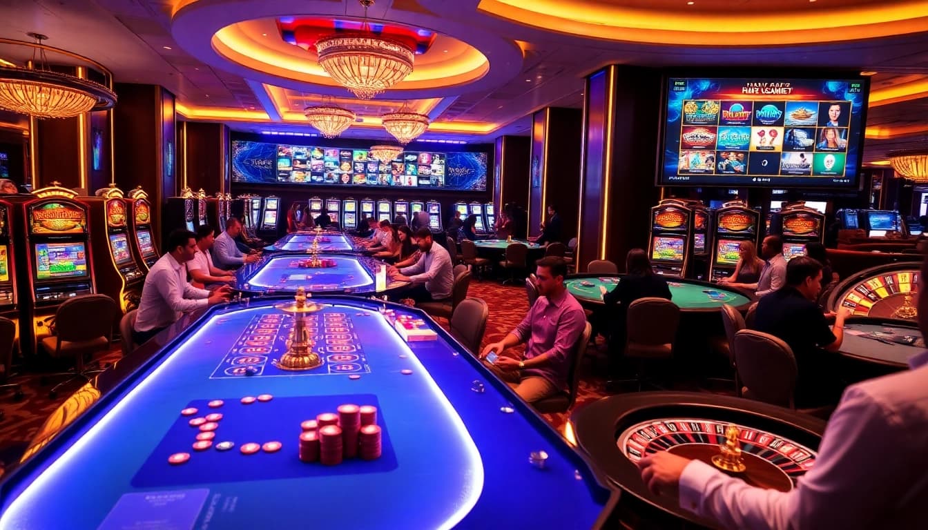 Players enjoy a thrilling evening at THABET Casino, showcasing gaming excitement and vibrant atmosphere.