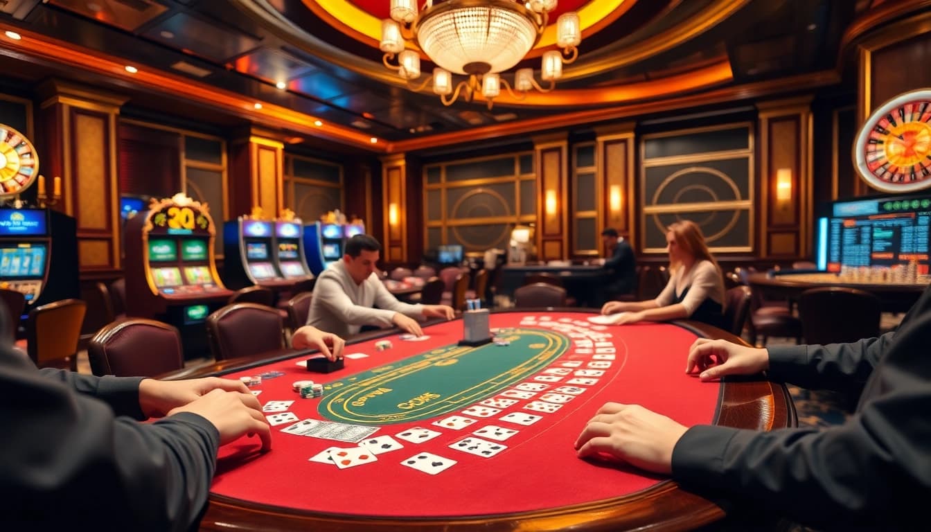 Players enjoying strategic blackjack at a vibrant casino, highlighting chotruyen-themed card designs.