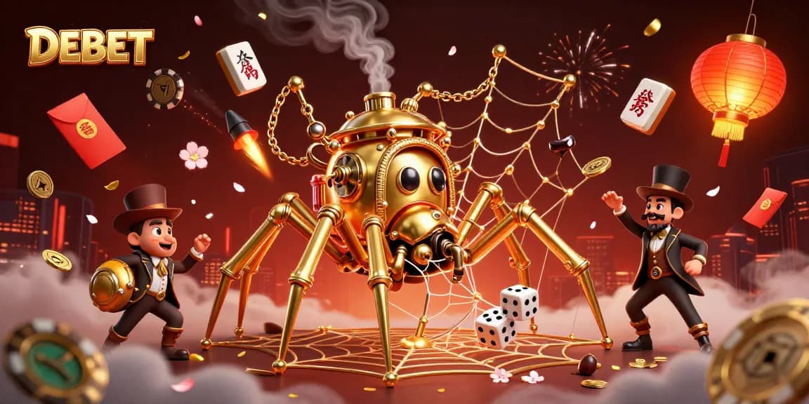 Engage with DEBET's steampunk-themed casino scene featuring lively characters and dynamic game elements.