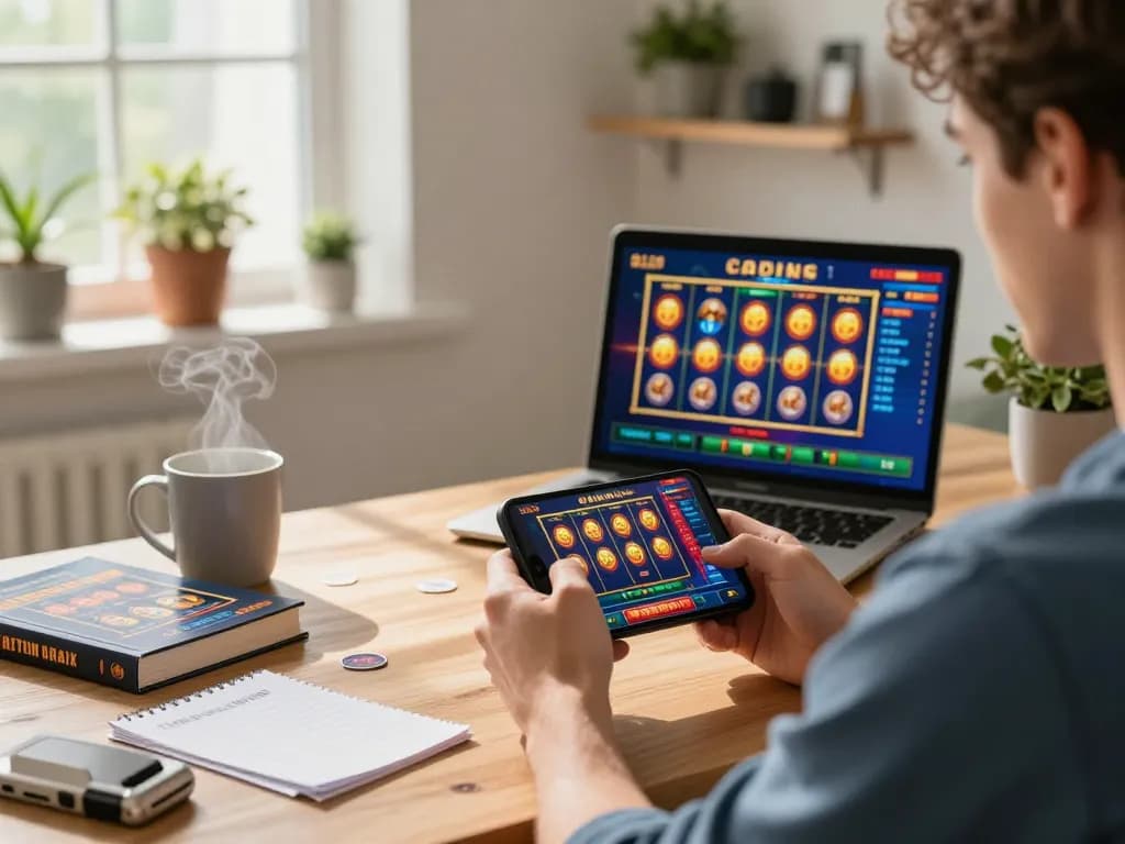 Engaging player enjoying Slot Malaysia game on smartphone, set in a cozy home environment.