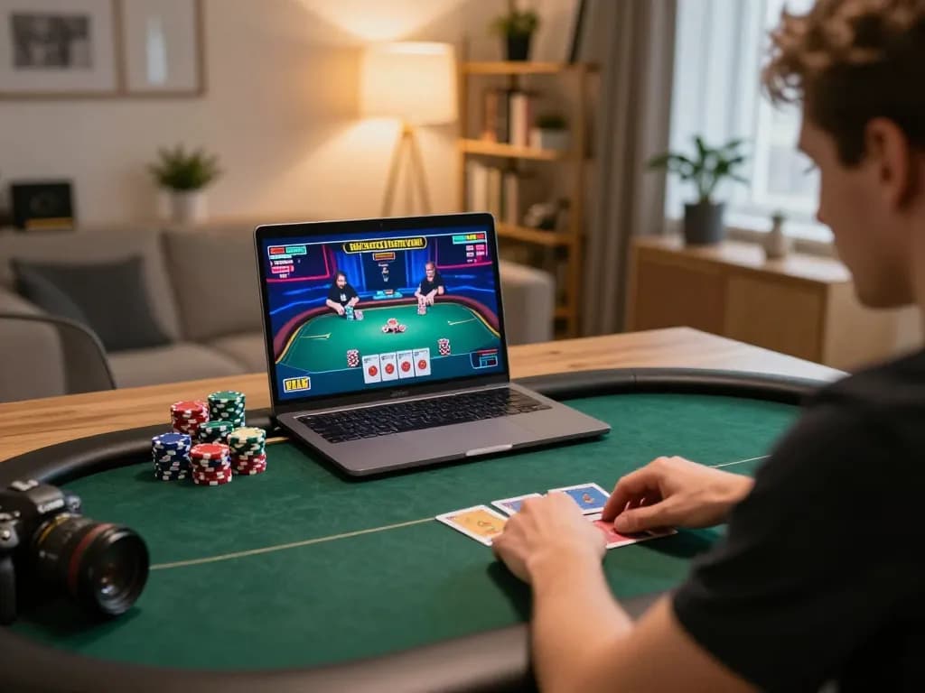 Engaging player enjoying online poker game at home, showcasing 58wiin casino excitement and immersive atmosphere