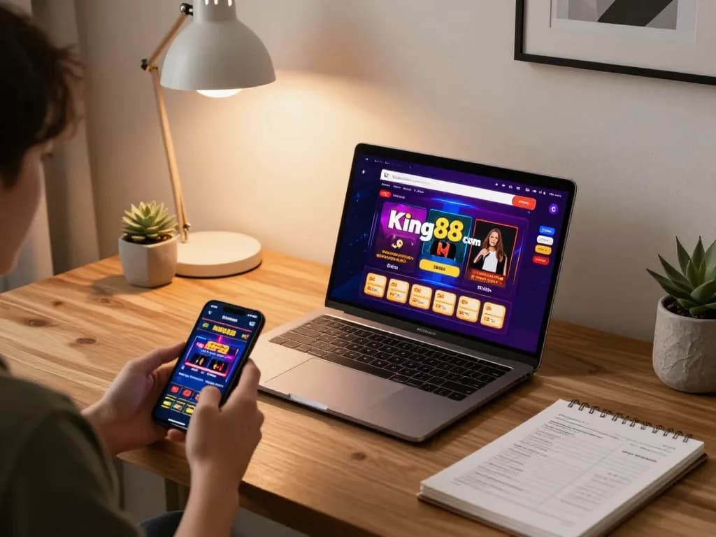Engaging in online gaming at king88 com with laptop and smartphone setup for a modern gambling experience