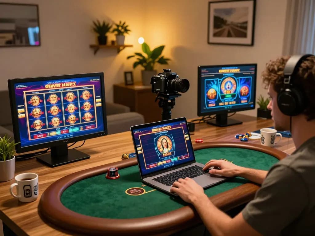 Engaging in online gambling at CUCU777 with laptop displaying vibrant casino games.