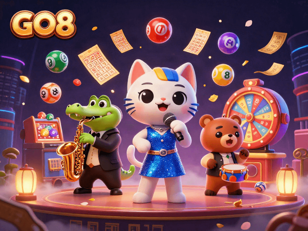 Experience excitement with GO8 as cartoon characters perform in a vibrant casino setting.