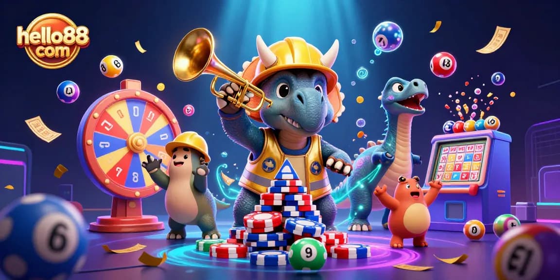 Cheer for hello88 com as a triceratops builds a poker chip pyramid amidst colorful lottery balls and exciting casino elements.
