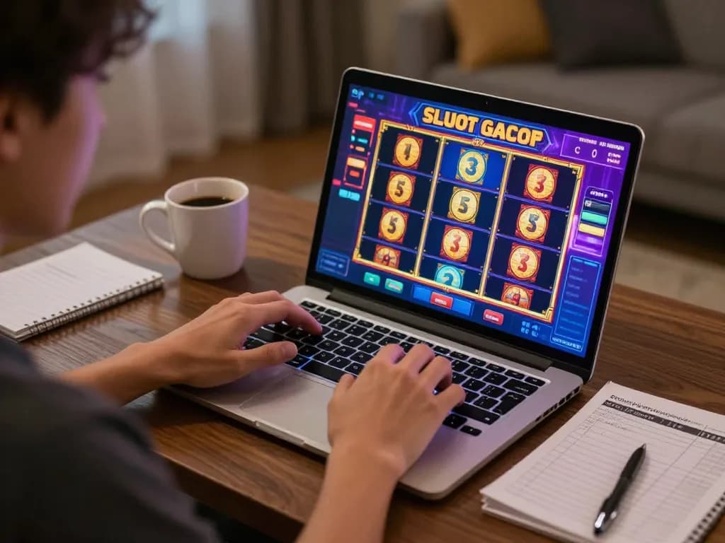 Situs slot gacor player's gaming setup with laptop showing vibrant slot games and strategy notes.