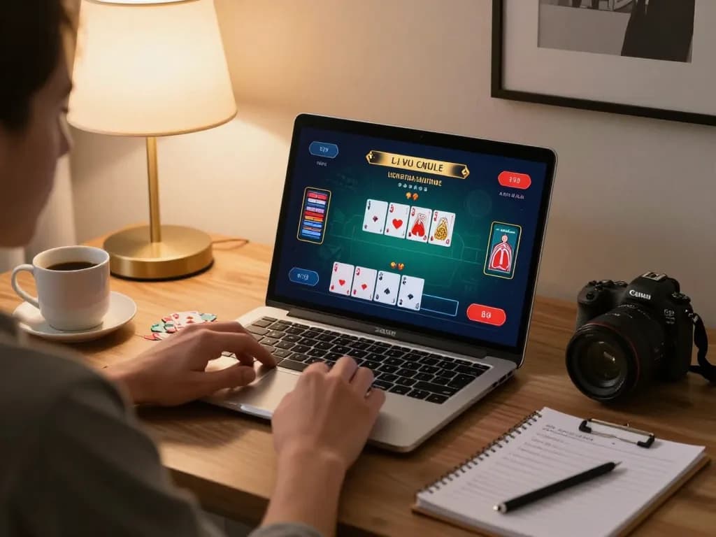 Person strategizing high-stakes poker game on laptop while enjoying comfortable home atmosphere, FC88.