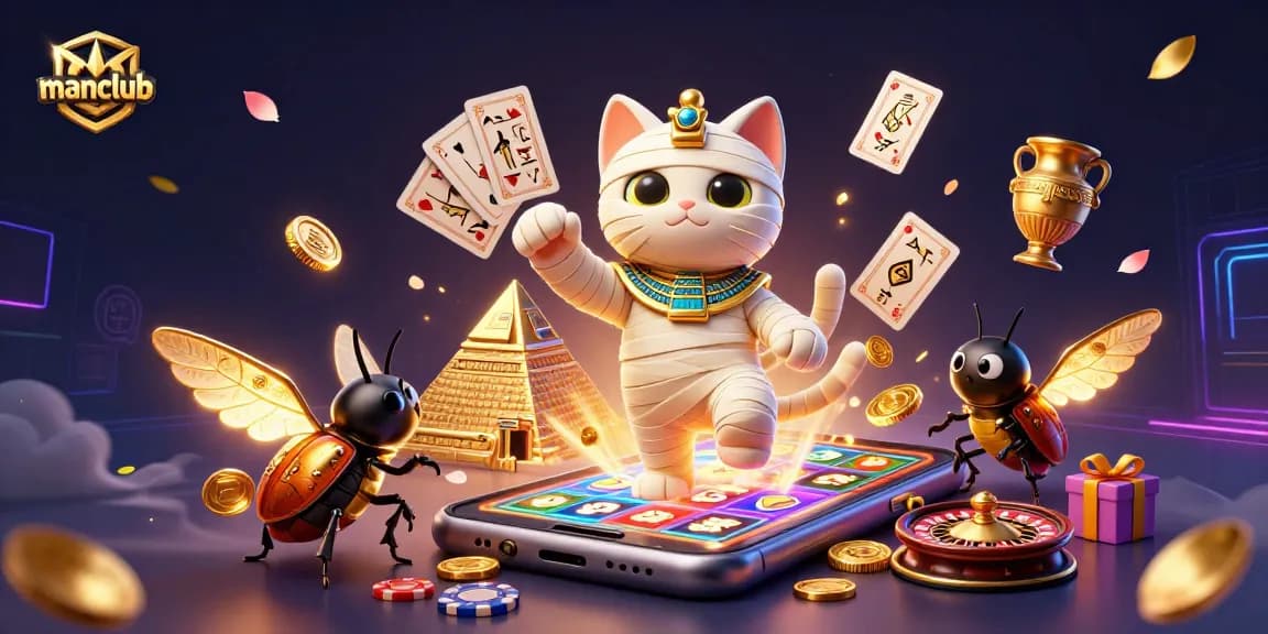 Spin the reels with manclub’s vibrant casino scene featuring a mummy and golden scarab.