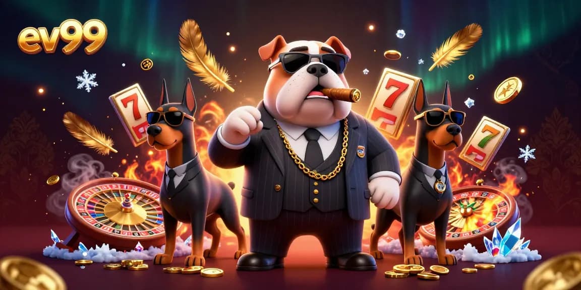 ev99 casino scene featuring a mafia bulldog and bodyguards with vibrant gambling elements.