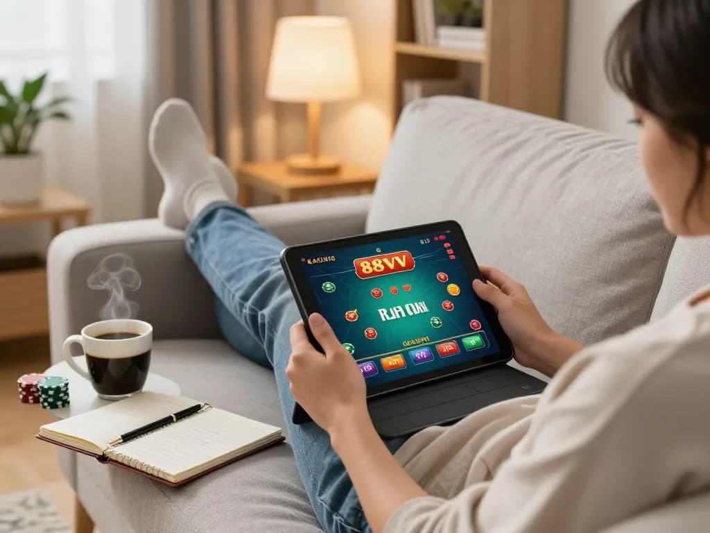 Player enjoying casino gaming on a tablet with 88vv app in a cozy home setting