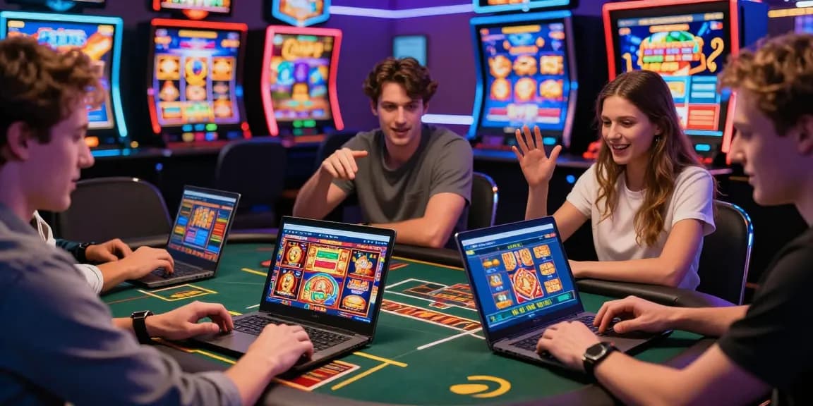 Excited players engaging with jumpspace.org.uk credit card casinos on mobile and laptop devices in a vibrant online gaming environment.