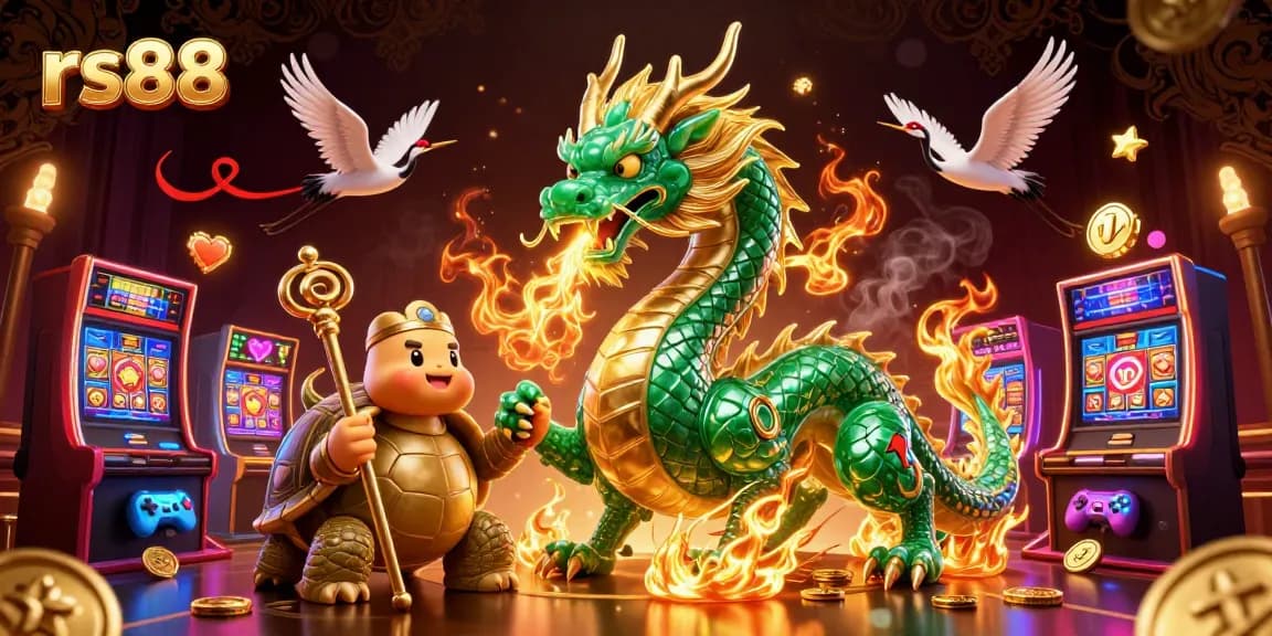 Experience thrilling gaming at rs88 with a dynamic scene featuring mythical creatures and vibrant slot machines.